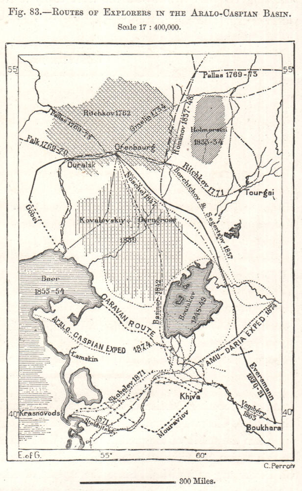 Explorers' routes in the Aralo-Caspian Basin. Kazakhstan. Sketch map 1885